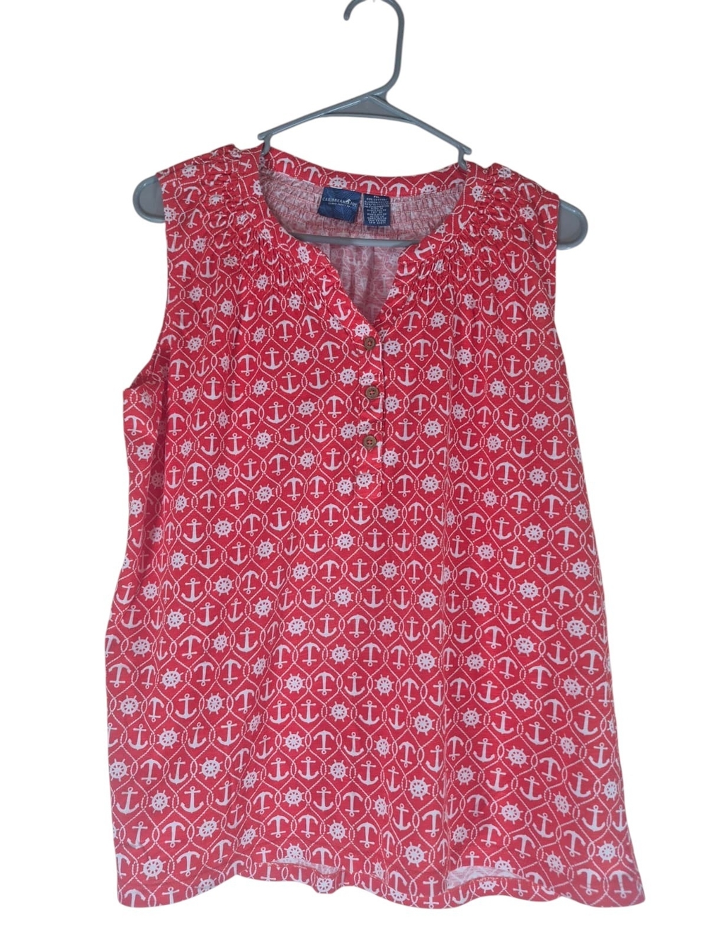 Caribbean Joe Red Anchor-Print Sleeveless V-Neck Blouse